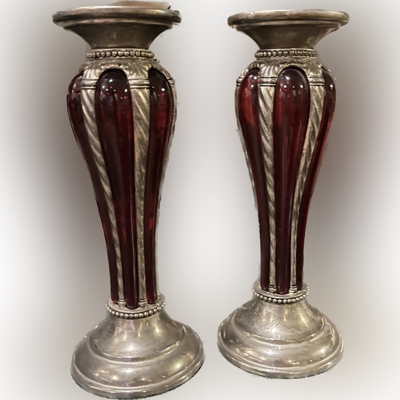 Vintage Red Glass and Silver Plated Candle Holders - Picture 3 of 3